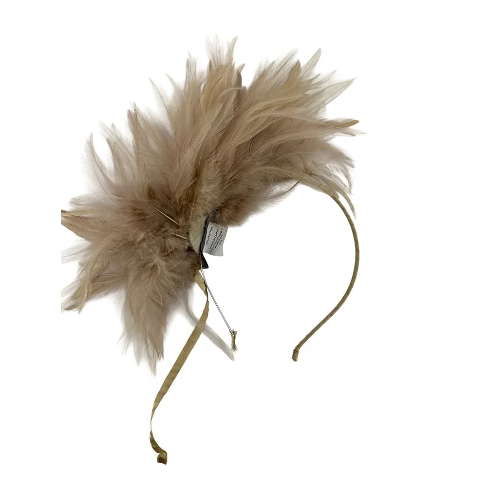 Bellissima Millinery Collection Tan Feather Headband Gold Metallic Fascinator OS